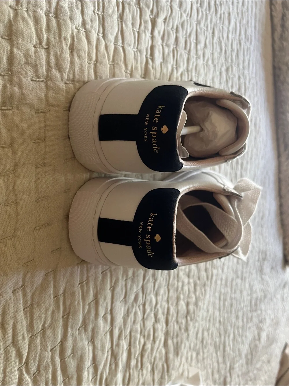 kate spade white leather sneakers with black heel detail